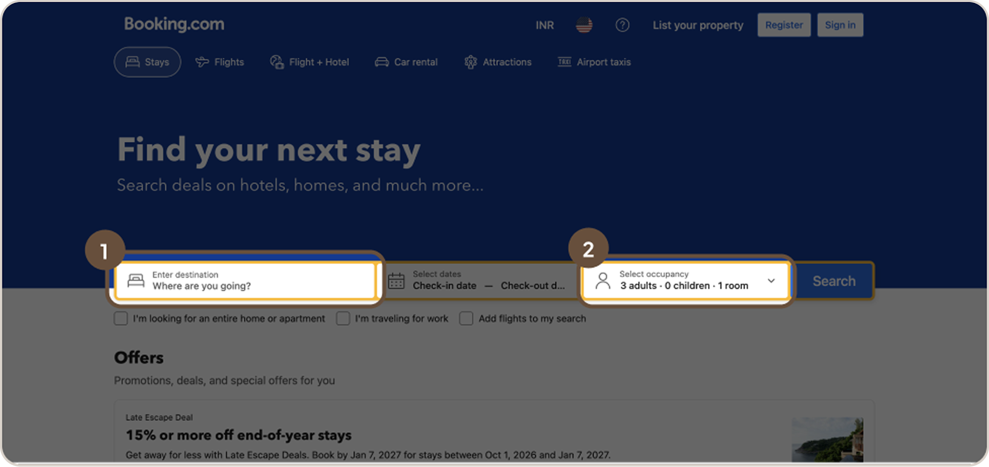 Booking.com's entry screen, annotated: a destination search box and date picker at the top.