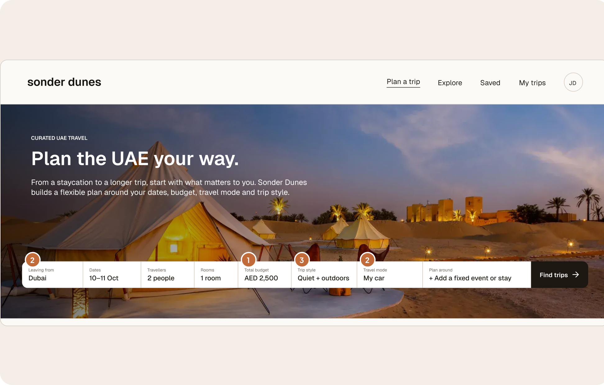 Final version: the Sonder Dunes home page with one search bar for leaving from, dates, travellers, rooms, total budget, trip style, travel mode and plan around.