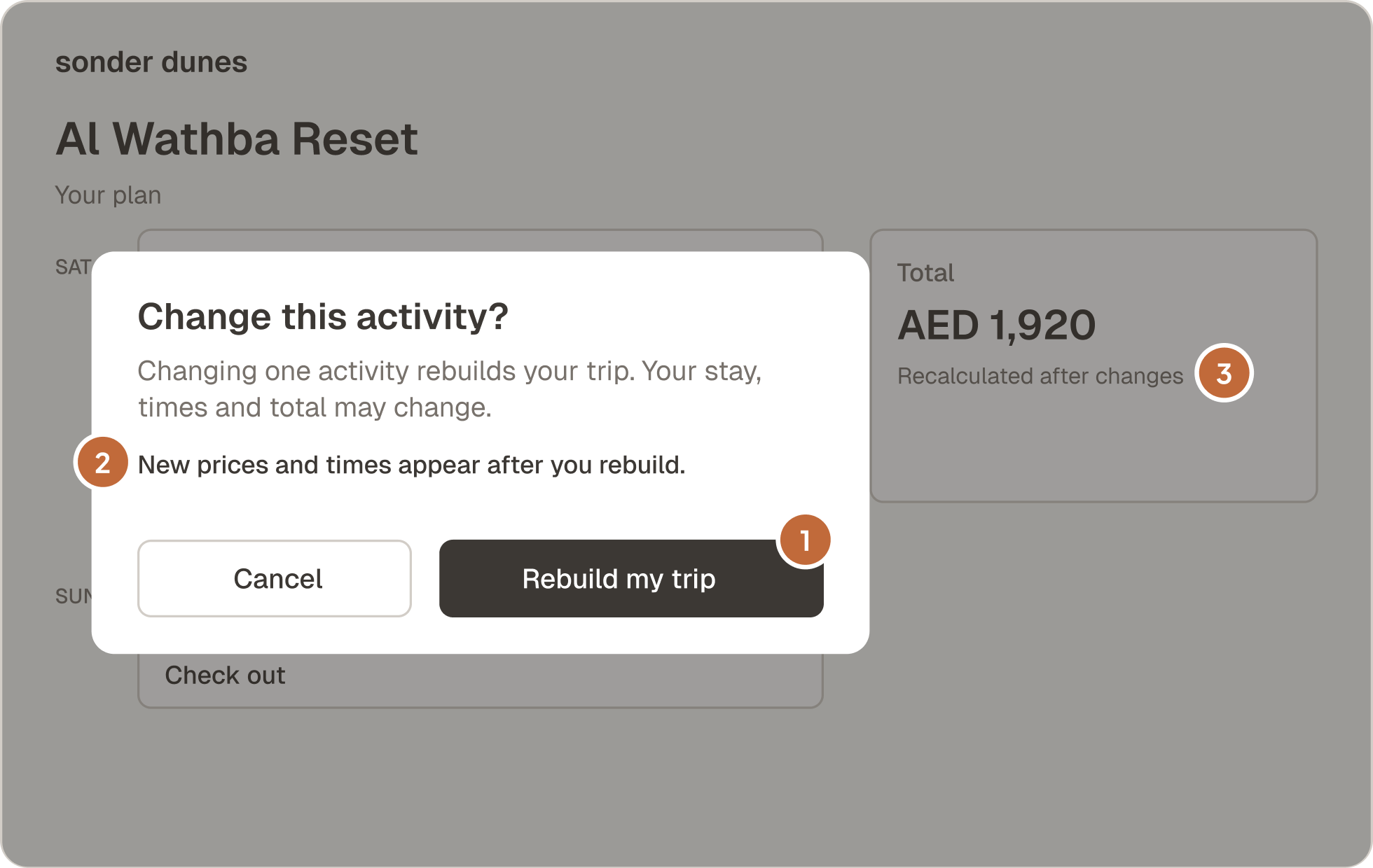 Version 1: a dialog warns that changing one activity rebuilds the whole trip, and new prices only appear after rebuilding.