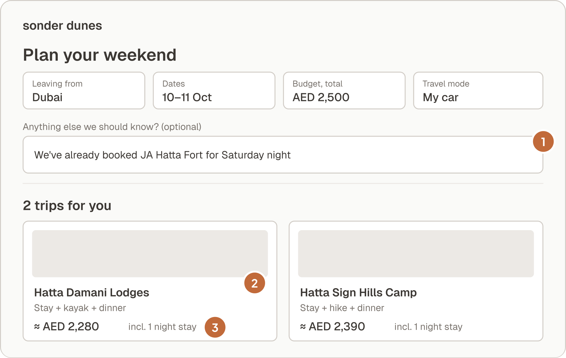 Version 1: a stay already booked is typed into an optional note, and the two trips suggested below price another night anyway.