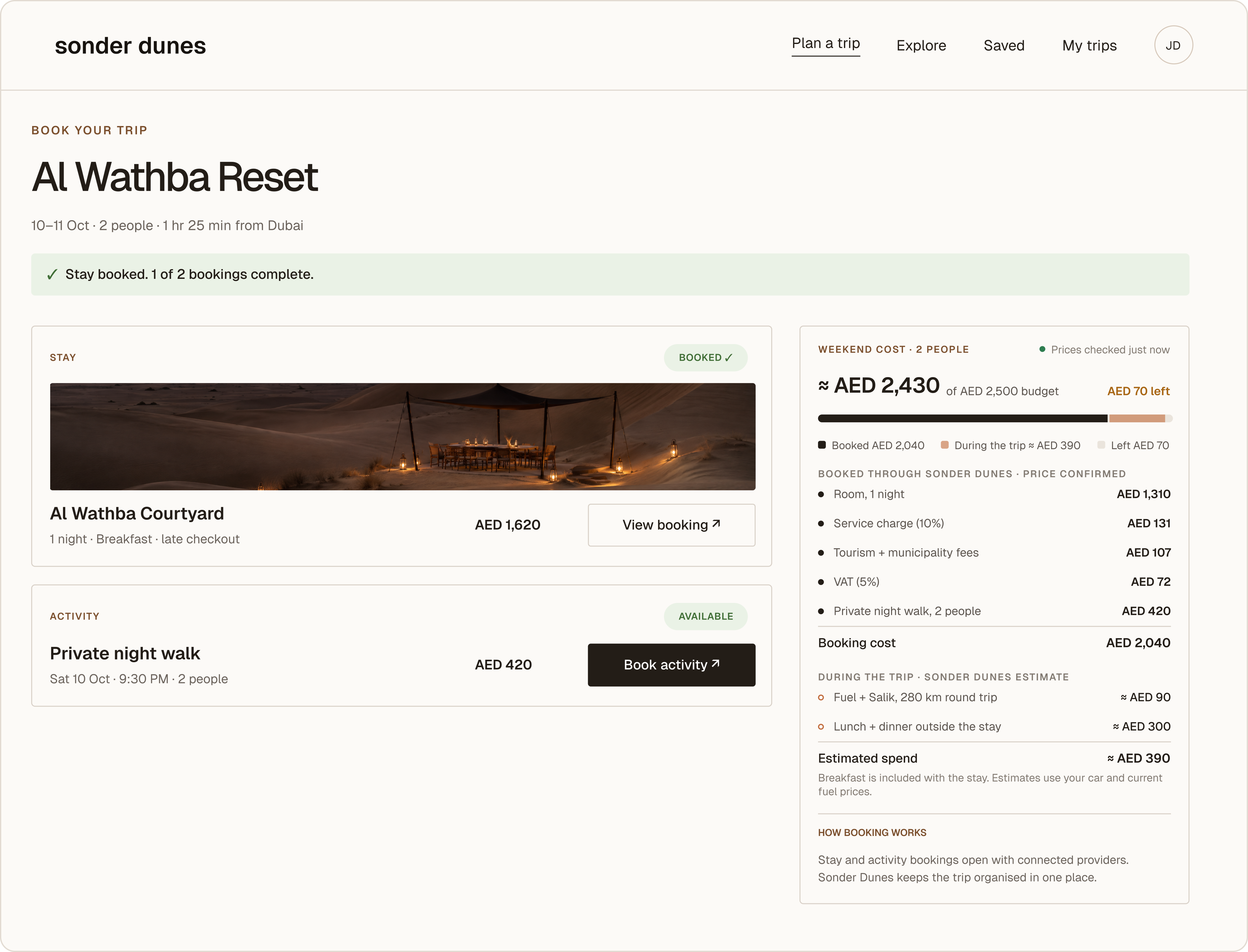 The Book your trip screen for Al Wathba Reset: the stay is booked, the private night walk is ready to book with its provider, and the weekend cost panel shows about AED 2,430 of a AED 2,500 budget with AED 70 left.