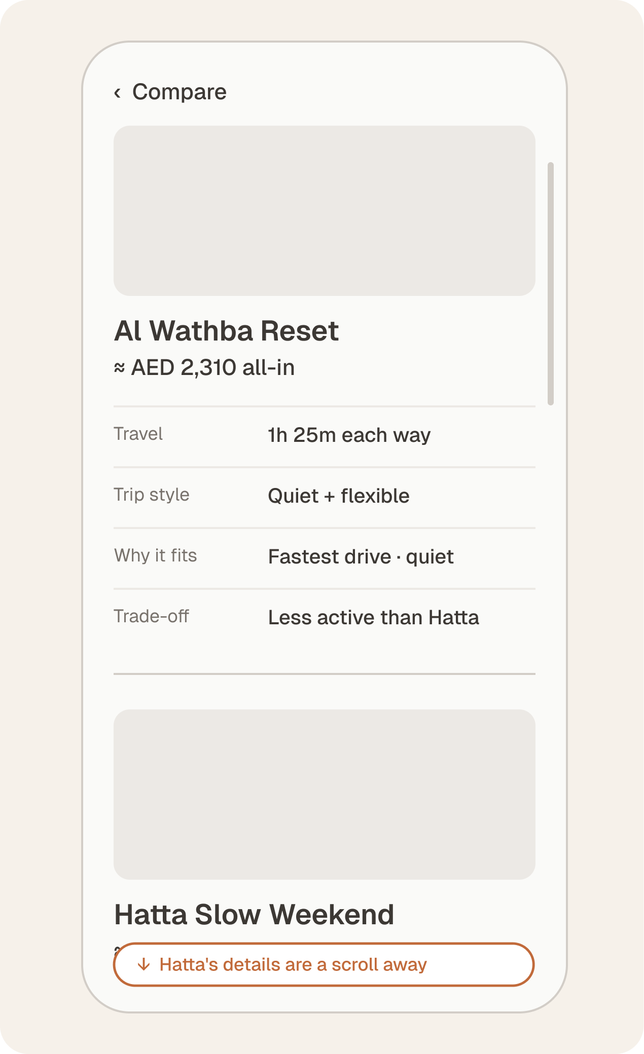 Rejected: the two trips stacked on a phone, Al Wathba Reset's details first and Hatta's a scroll away.