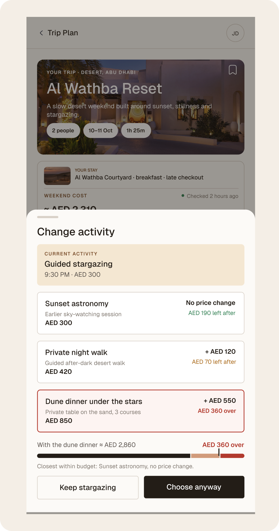 Change activity: the dune dinner is marked AED 360 over before it is chosen, and Sunset astronomy is named as the closest option within budget.