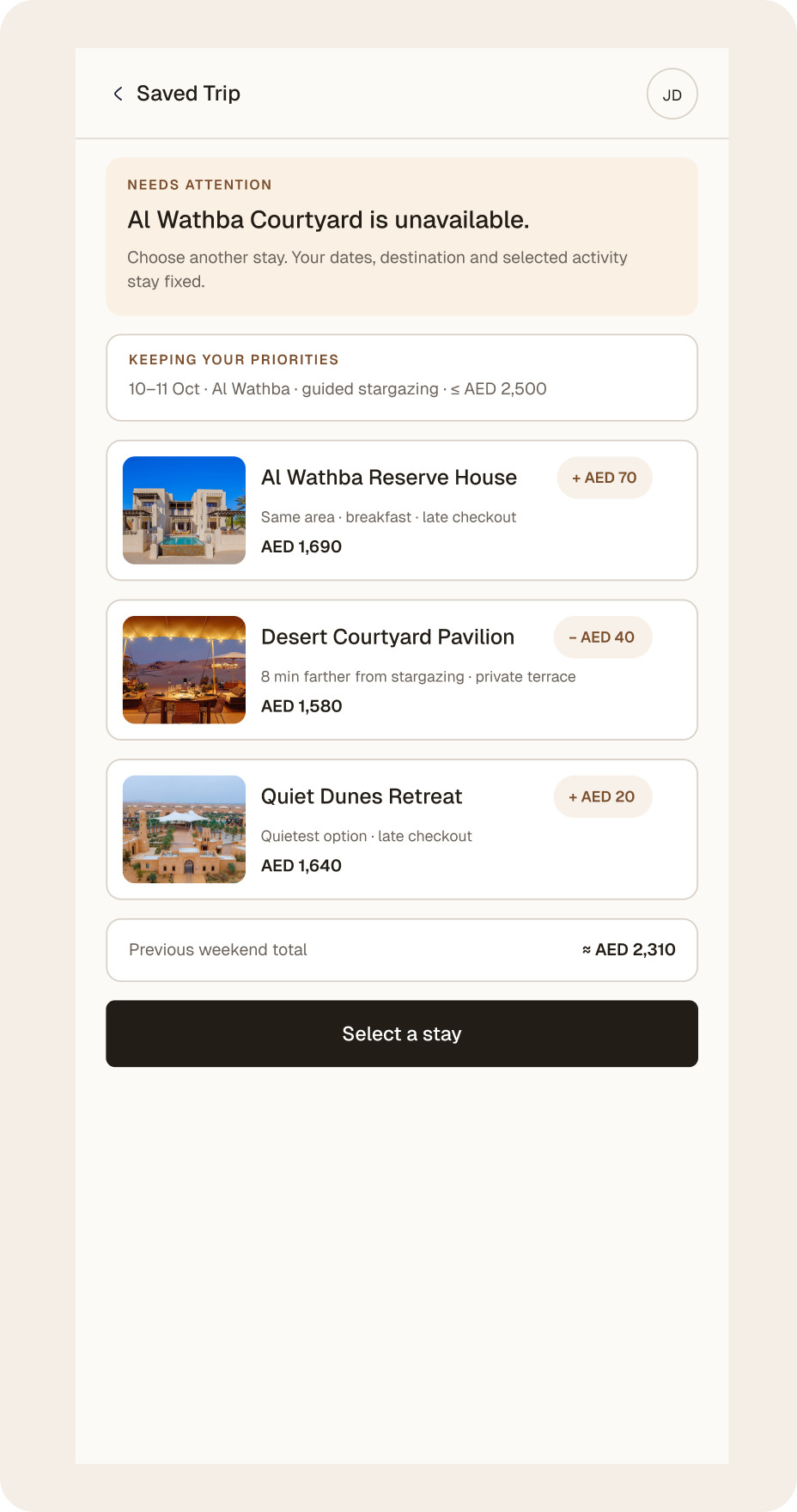 Al Wathba Courtyard is unavailable: the dates, destination and activity stay fixed, and three nearby stays are offered with the price difference for each.