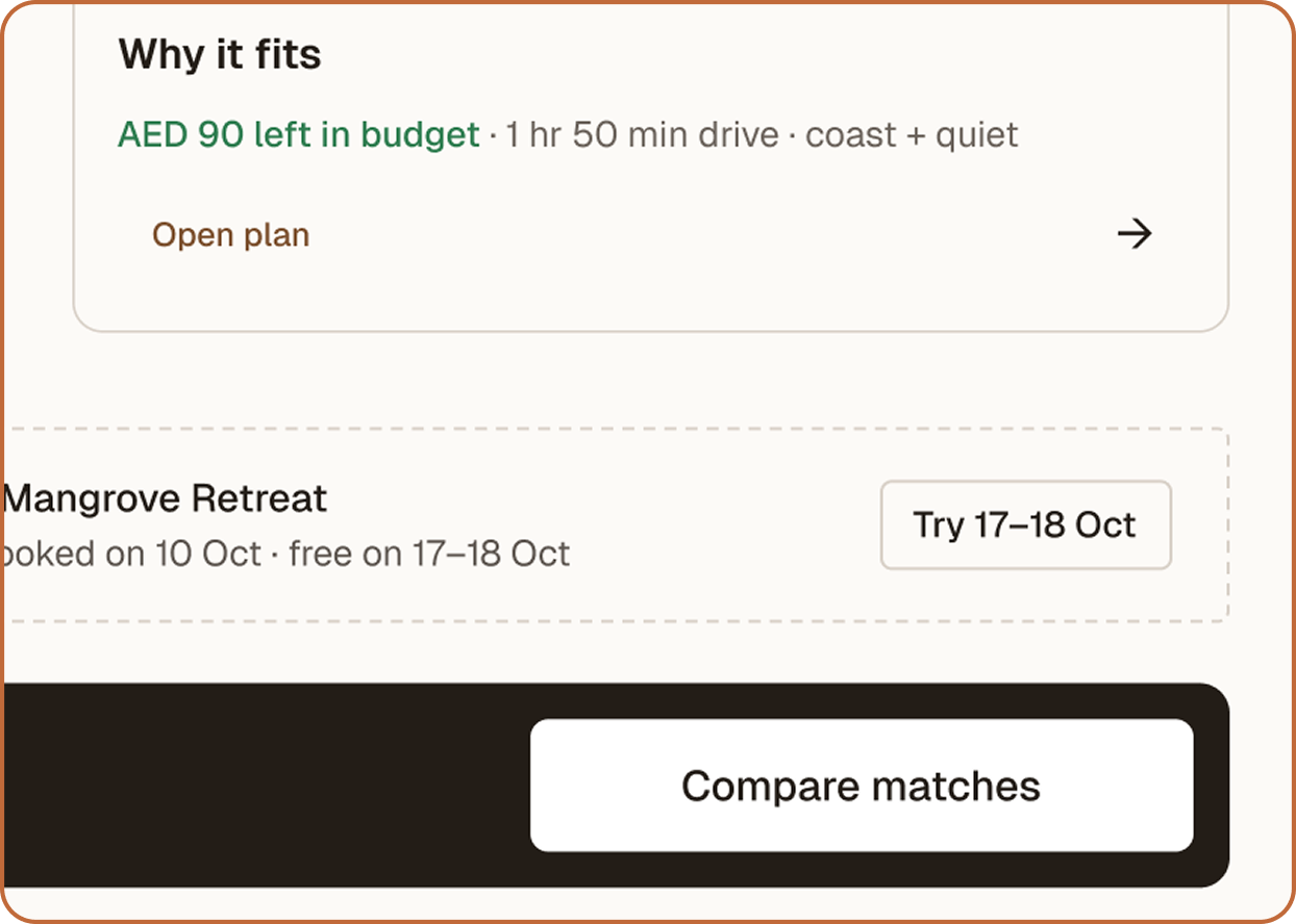 After: "Open plan" is a plain text link on the card, leaving "Compare matches" as the only button.