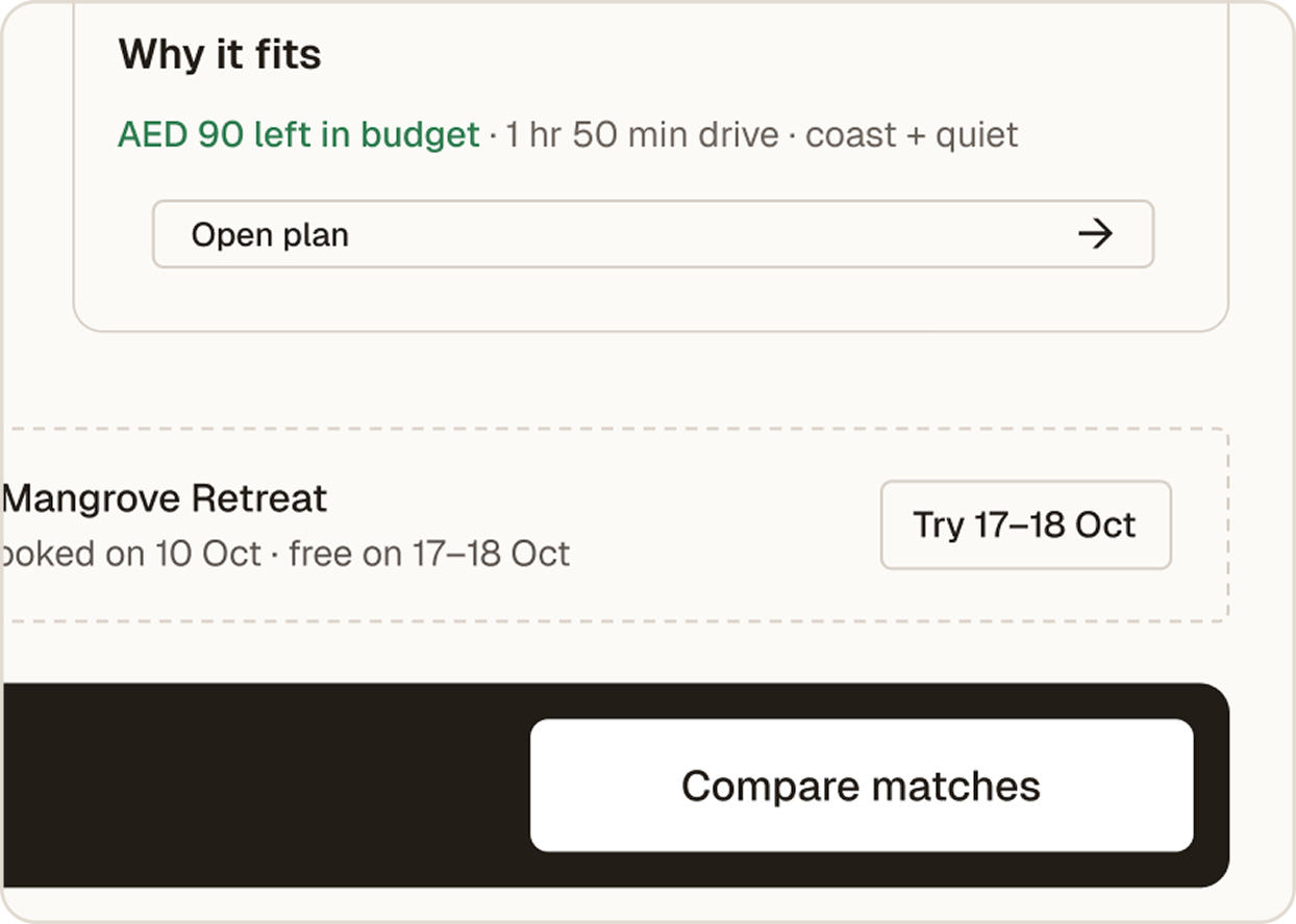 Before: a trip card with an outlined "Open plan" button above the "Compare matches" button in the bottom bar.