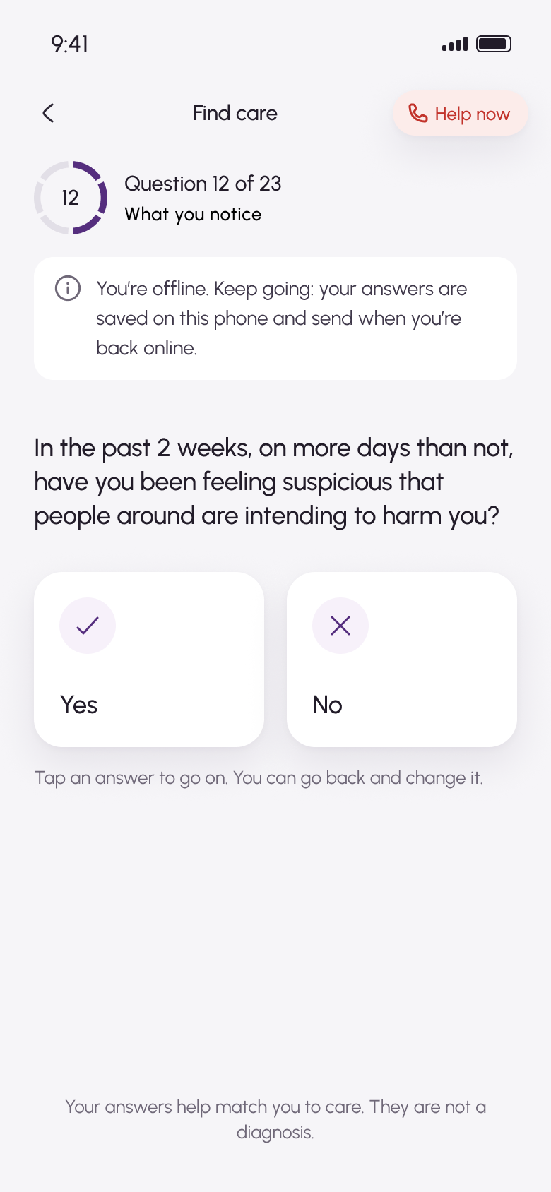 Check-in question 12 of 23 with a note: You're offline. Keep going, your answers are saved on this phone and send when you're back online. Yes and No answer tiles below.