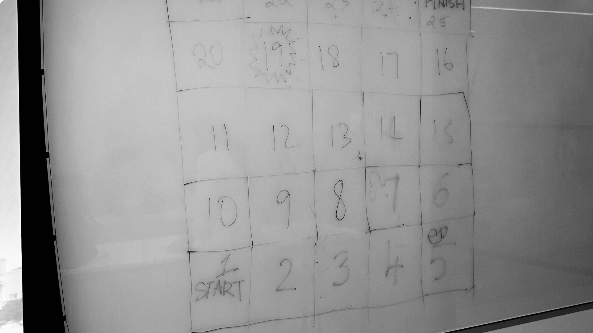 A whiteboard with the game board sketched as a numbered grid from 1 to 25, with START in the bottom-left square.
