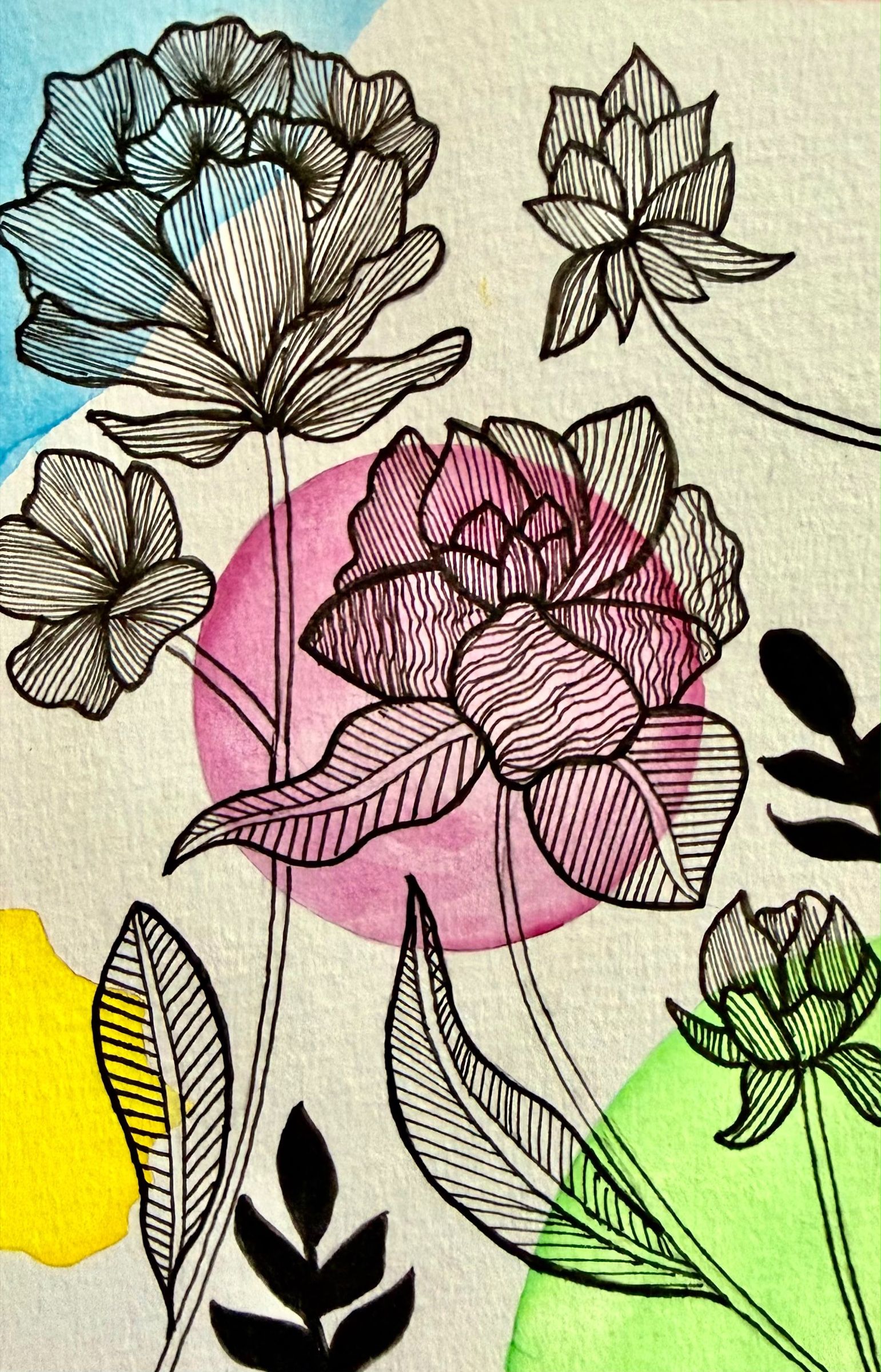 Ink and watercolour flowers: fine black line drawings of peonies and leaves over soft washes of blue, pink, green and yellow.