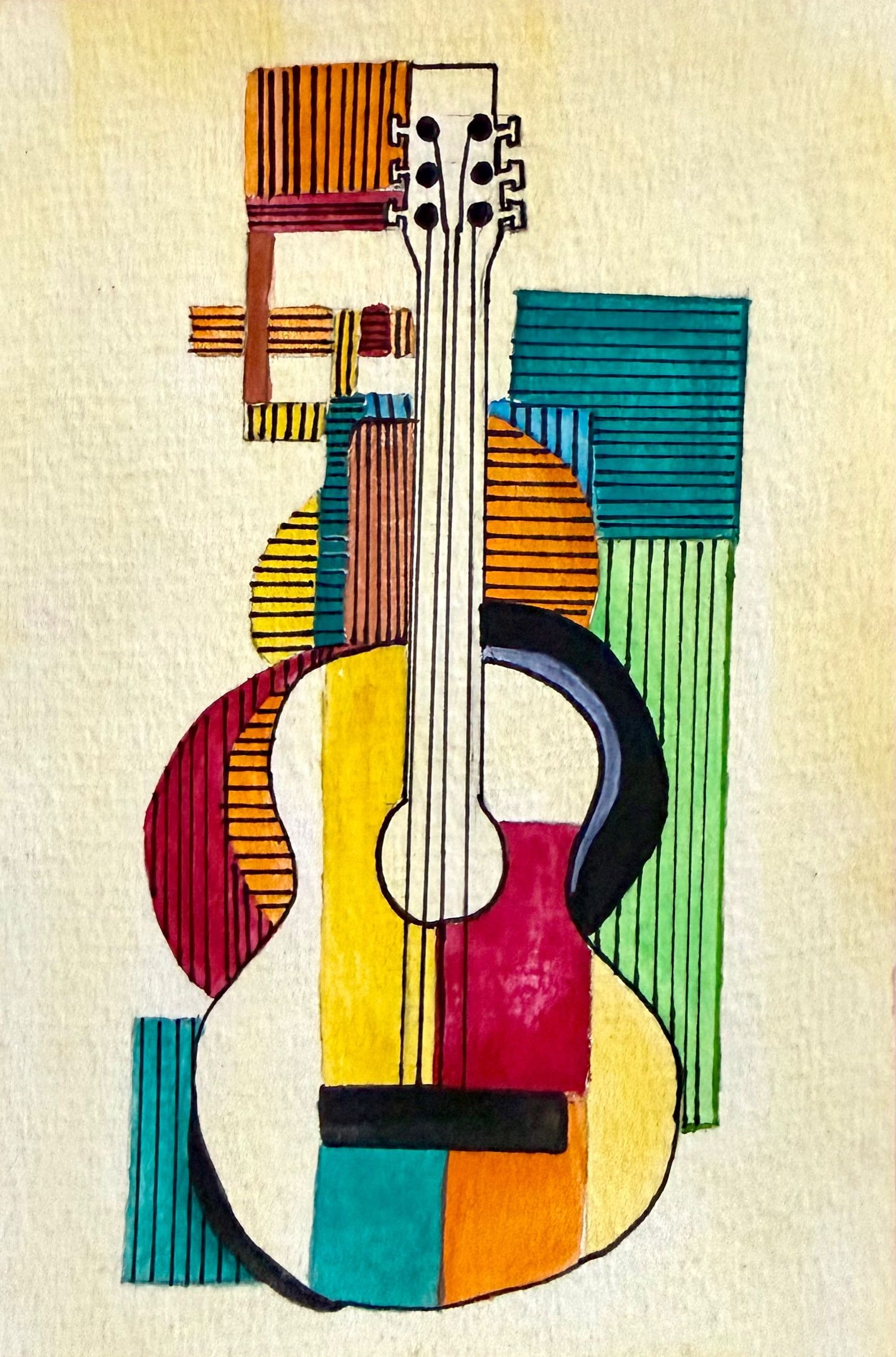 A cubist-style guitar drawn in ink and watercolour from stacked blocks of teal, red, orange and mustard with fine hatching.