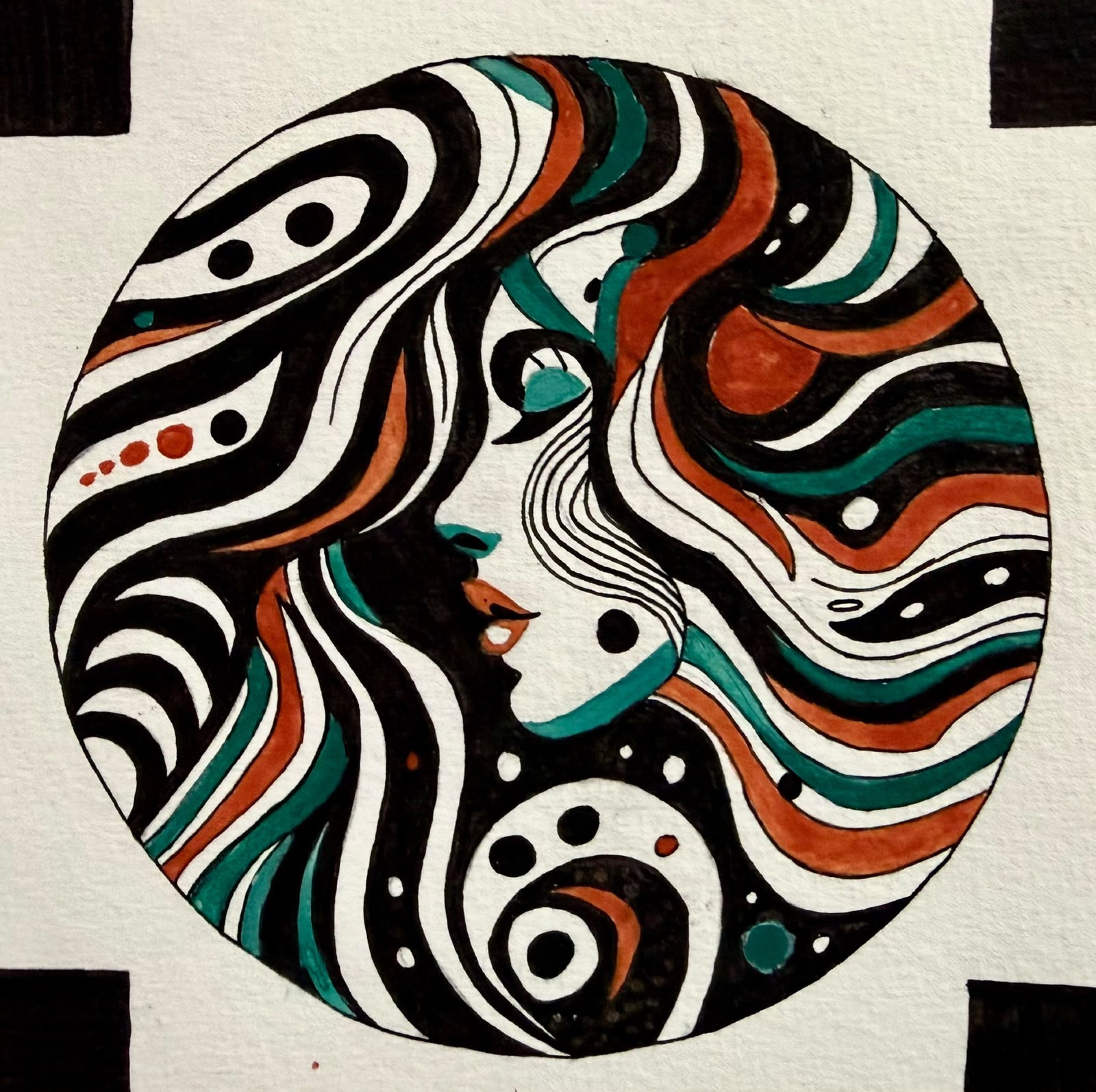 A circular ink illustration of a woman in profile whose flowing hair becomes bold black, white, teal and rust swirls.
