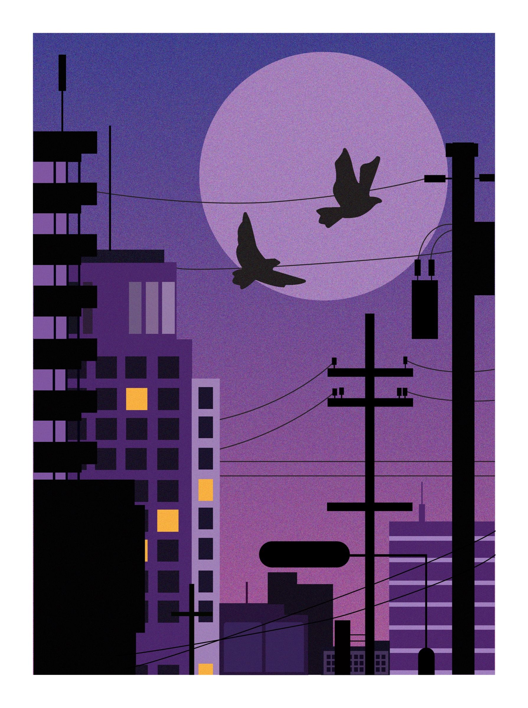 A digital illustration of a purple city at dusk: tall buildings, power lines and two birds in front of a large pale moon.