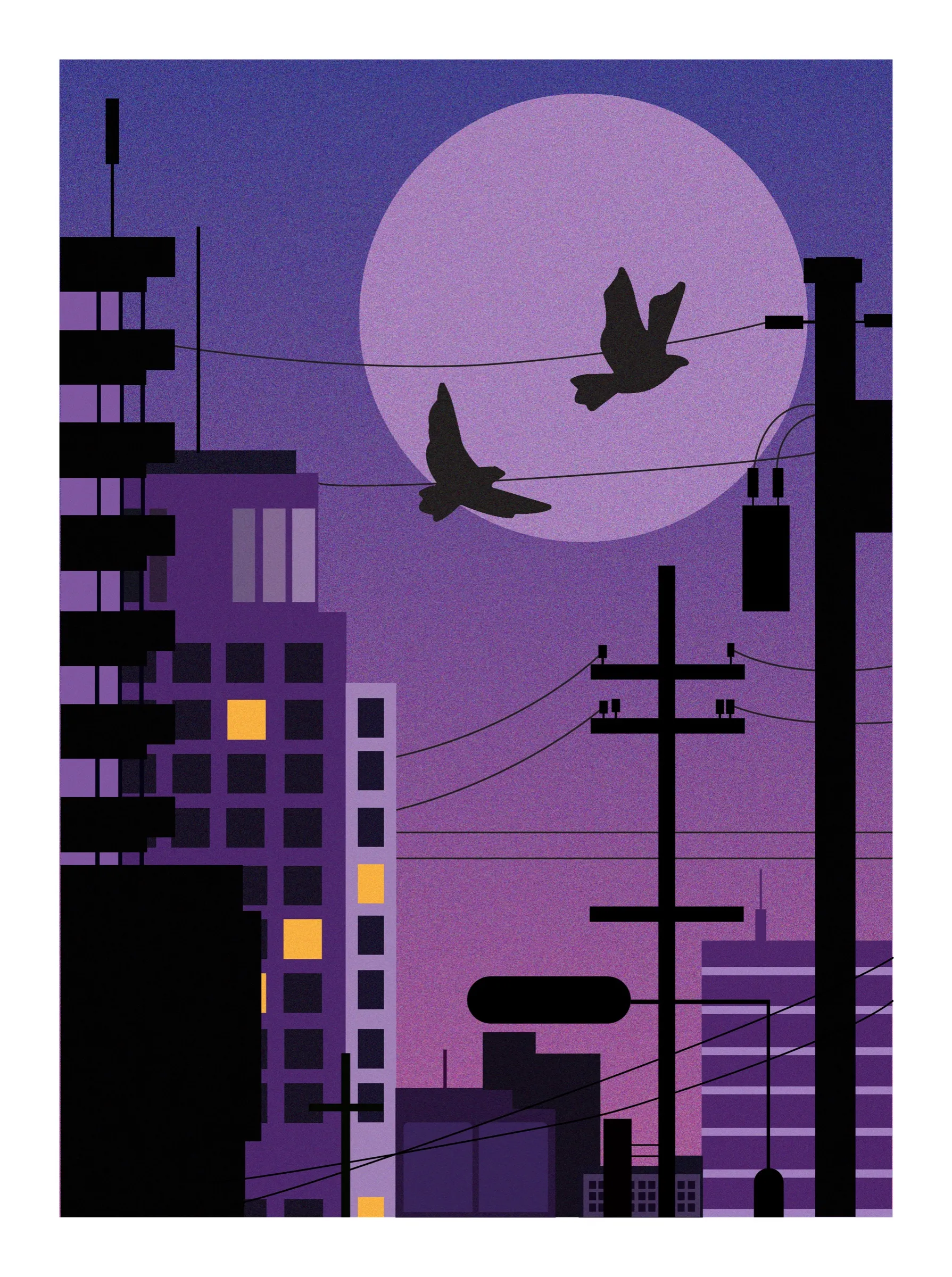 A purple dusk city illustration by Keren: tall buildings with a few lit windows, power lines and two birds in front of a big pale moon.