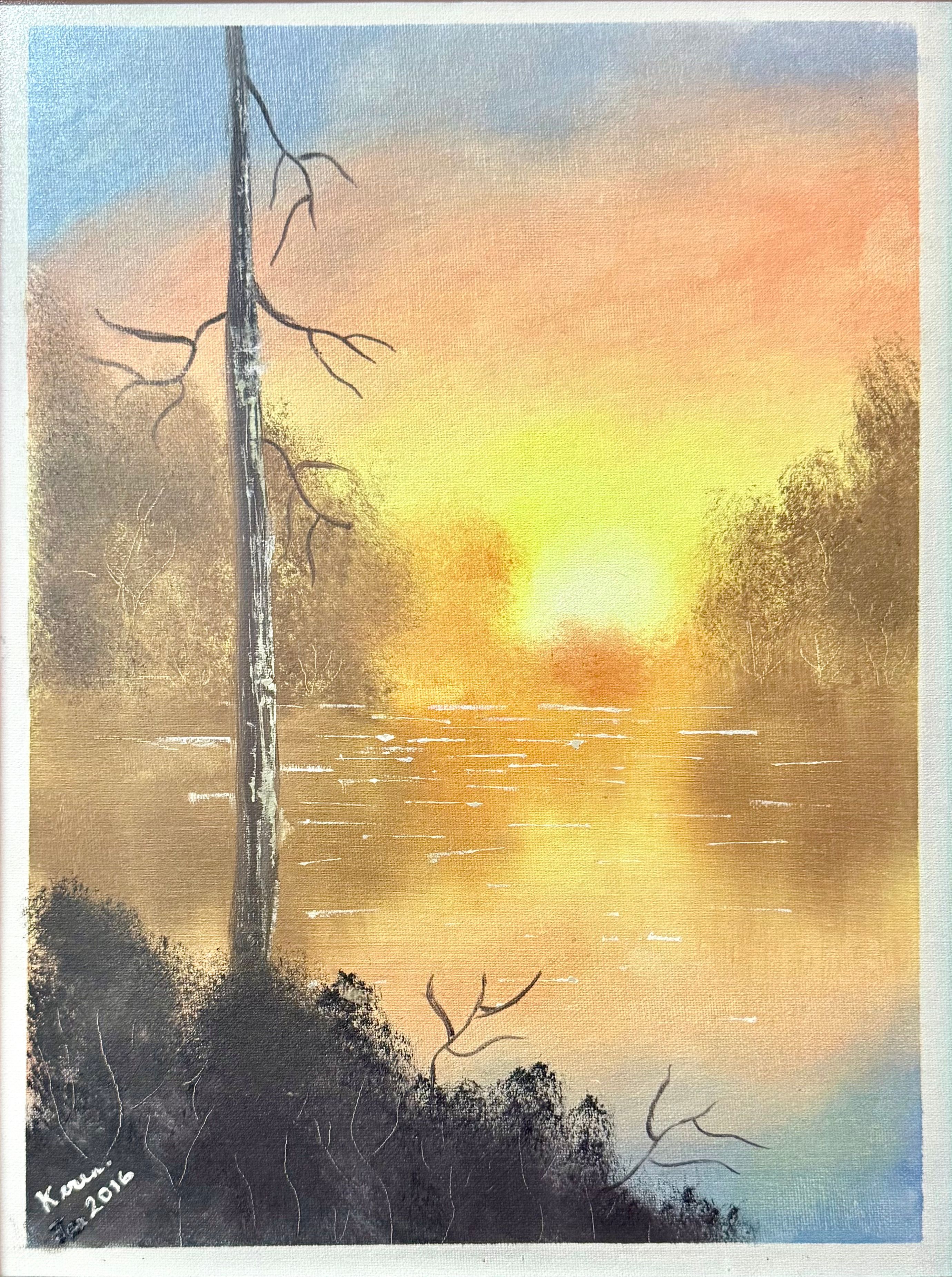 Painting by Keren: a misty sunrise over a lake, with a bare tree in the foreground. Signed Keren, Jan 2016.
