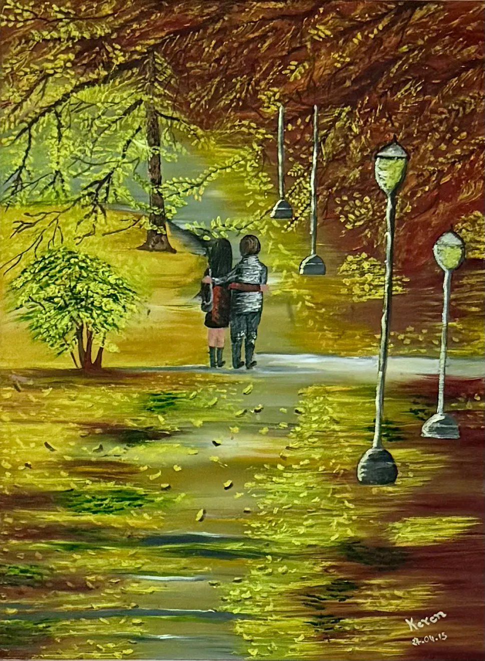 Painting by Keren: a couple walking arm in arm down an autumn path of golden leaves and street lamps.