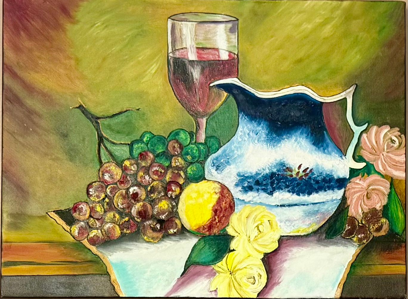 Still-life painting by Keren: a glass of red wine, a blue-and-white jug, grapes, a peach and roses on a white cloth.