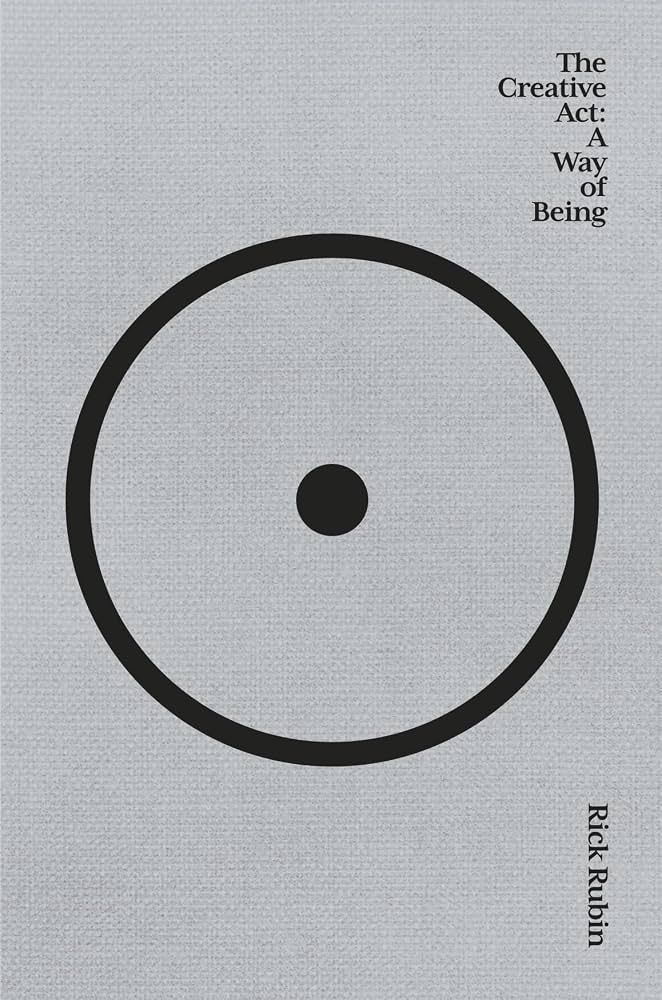 Cover of The Creative Act: A Way of Being by Rick Rubin: a grey linen cover with a thick black circle and a black dot at its centre.